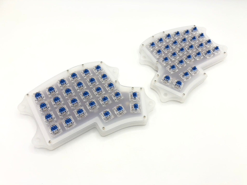 Iris keyboard with a translucent frosted acrylic case. The case has four  holes coming off the sides to put tenting bolts in.