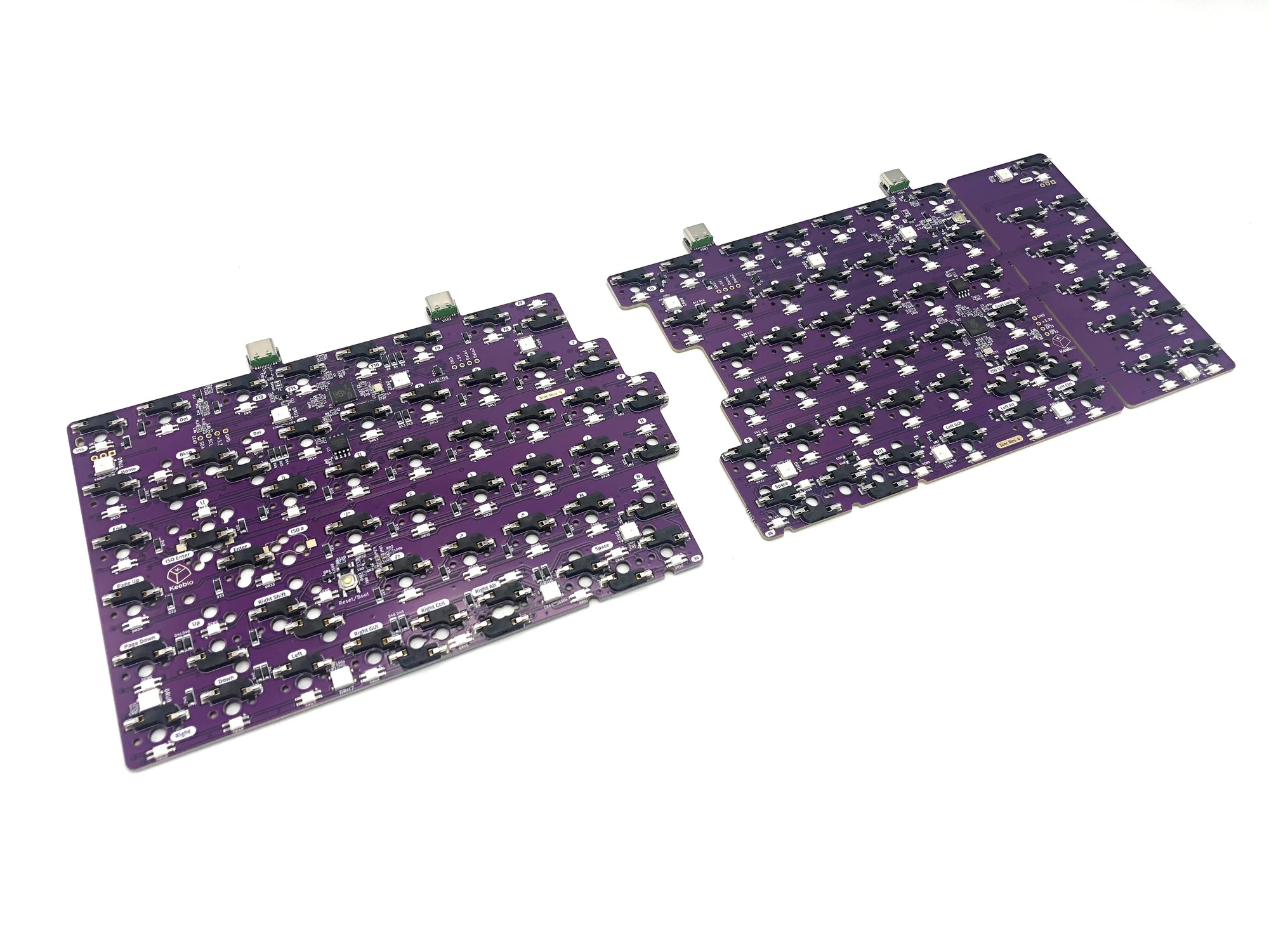 Underside of a bare Sinc PCB with all onboard components, including hotswap sockets and microcontroller.