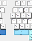 Layout option for the left half bottom row is 4x1.25u and 1x2.25u keys. Layout options for the right half bottom row are 1x2.75u and 6x1u keys or 1x2.75u, 2x1,25u, a small empty space, and 3x1u keys.