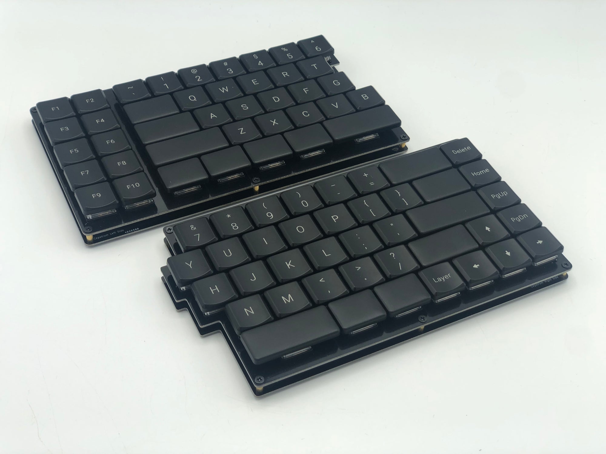 Fully built Cepstrum keyboard with the left-hand macro section and black keycaps.