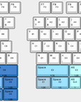 Layout option for the left half bottom row is 4x1.25u and 1x2.25u keys. Layout options for the right half bottom row are 1x2.75u and 6x1u keys or 1x2.75u, 2x1,25u, a small empty space, and 3x1u keys.