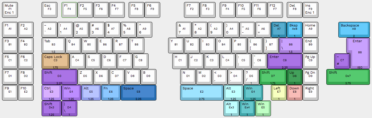 Layout option for the left half bottom row is 4x1.25u and 1x2.25u keys. Layout options for the right half bottom row are 1x2.75u and 6x1u keys or 1x2.75u, 2x1,25u, a small empty space, and 3x1u keys.